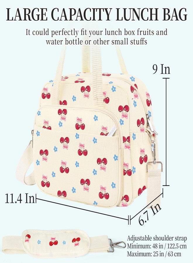 WOBAGMEN Lunch Box for Women,Insulated cherry Corduroy Lunch Tote Cute Lunch bag with Shoulder Strap, Multiple Pockets, Adult Teacher Nurse Bento Lunch Box for Women for work Picnic - Image 2